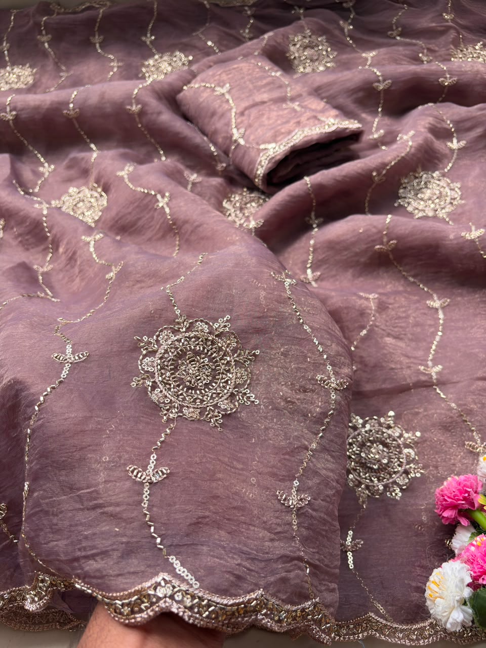 Stunning Wedding Wear Chiffon Silk Sequence n Beads Work Fancy Saree With Elegant Blouse Piece