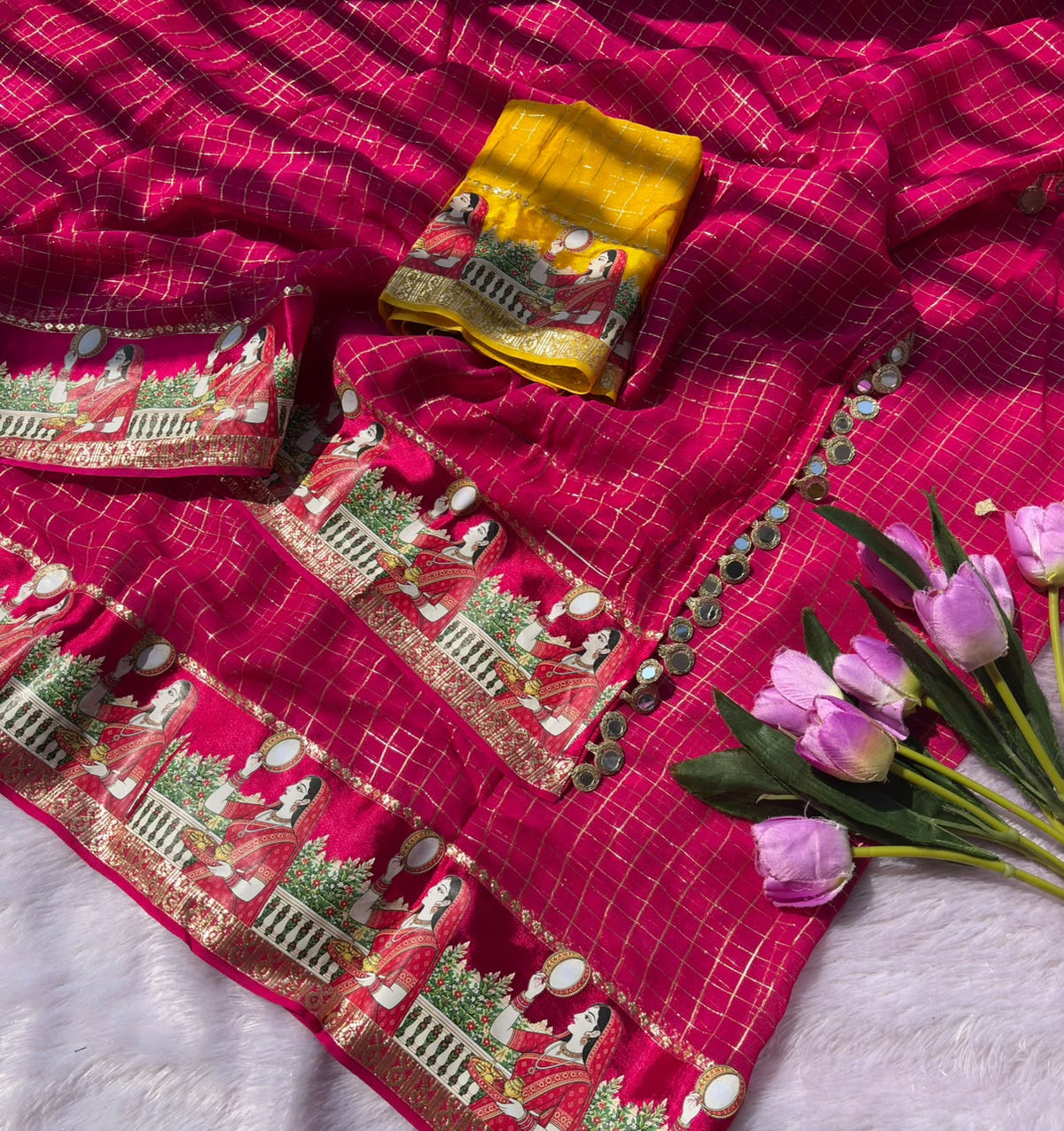 Admirable Festive Wear Viscose Georgette Print Design n Mirror Work Fancy  Saree With Blissful Blouse Piece