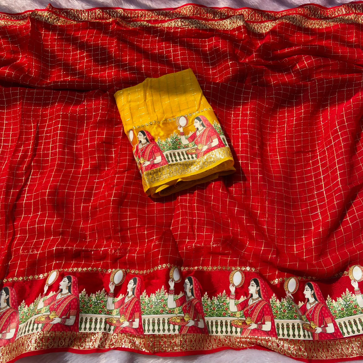 Admirable Festive Wear Viscose Georgette Print Design n Mirror Work Fancy  Saree With Blissful Blouse Piece