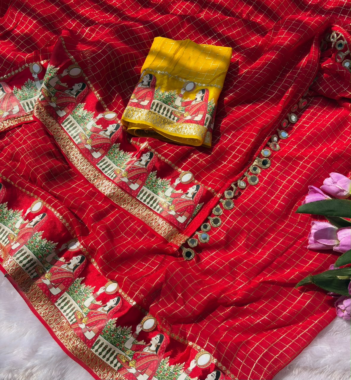 Admirable Festive Wear Viscose Georgette Print Design n Mirror Work Fancy  Saree With Blissful Blouse Piece