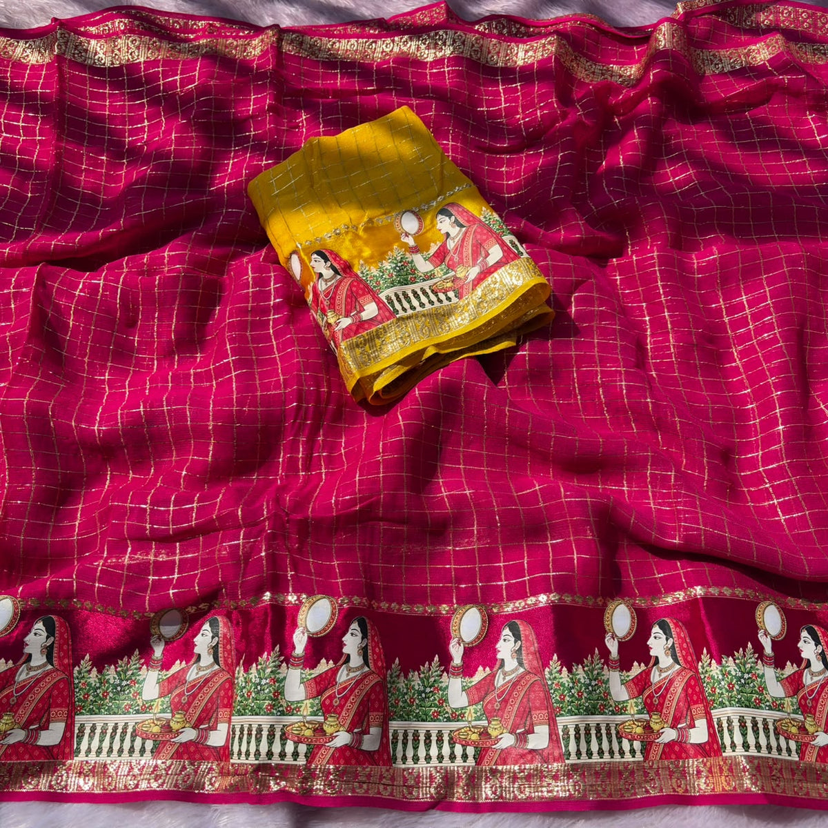 Admirable Festive Wear Viscose Georgette Print Design n Mirror Work Fancy  Saree With Blissful Blouse Piece