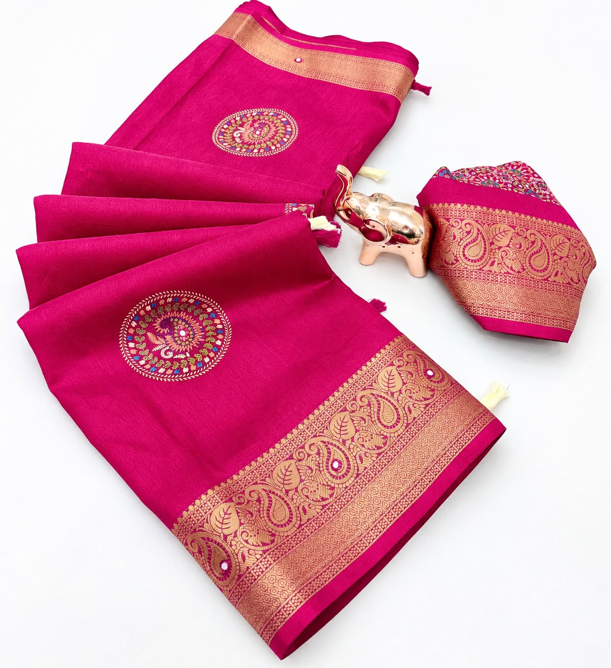 Forbearance Party Wear Soft Silk Zari Border n Mirror Work Designer Saree With Blouse Piece
