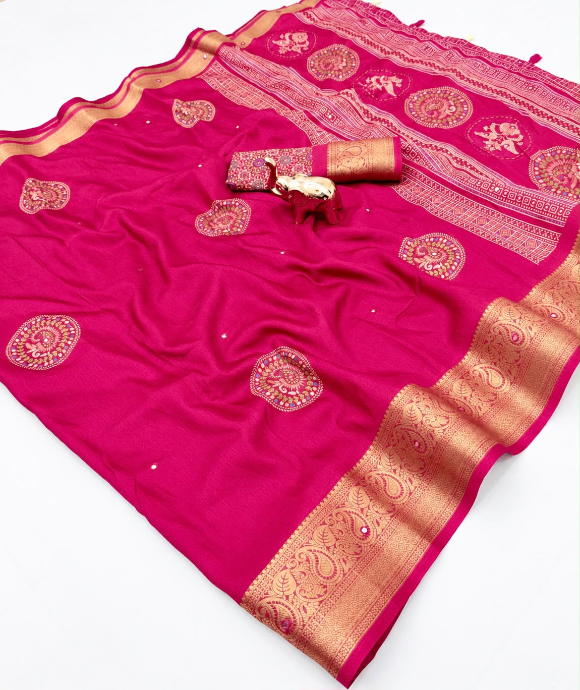 Forbearance Party Wear Soft Silk Zari Border n Mirror Work Designer Saree With Blouse Piece