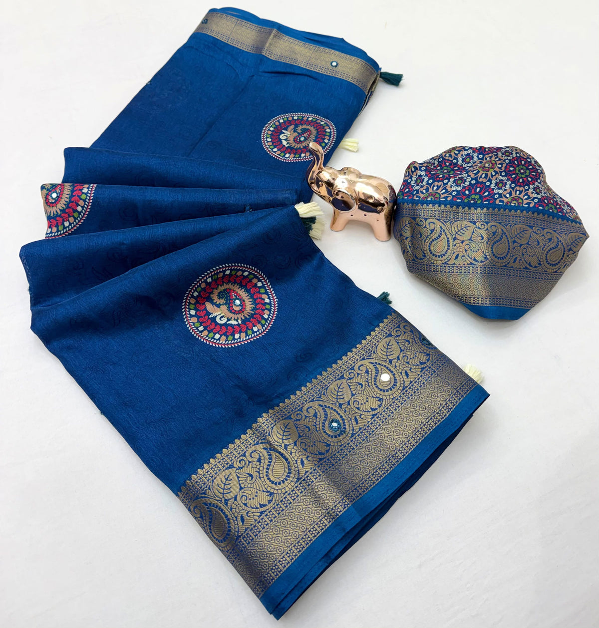 Forbearance Party Wear Soft Silk Zari Border n Mirror Work Designer Saree With Blouse Piece