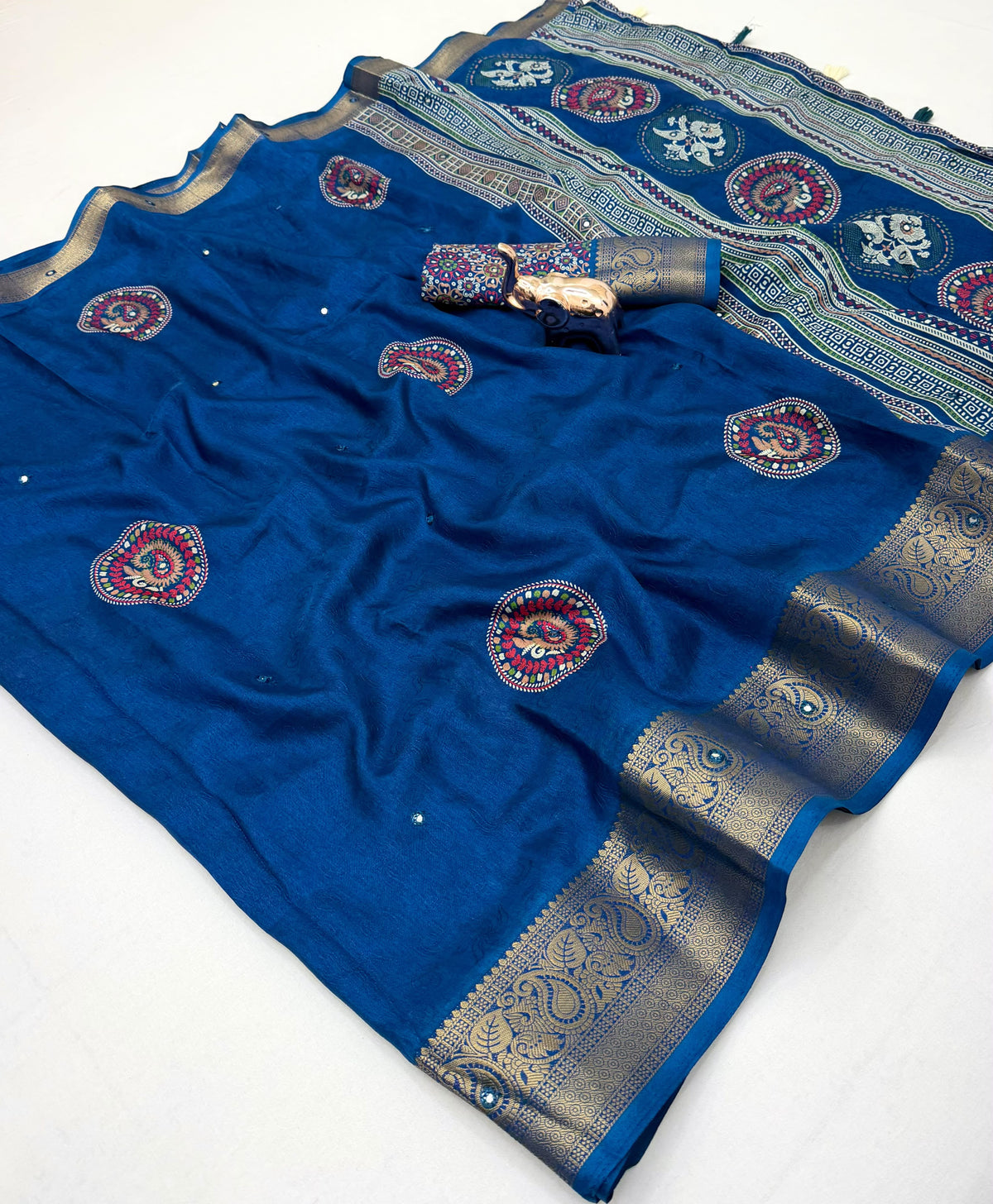 Forbearance Party Wear Soft Silk Zari Border n Mirror Work Designer Saree With Blouse Piece