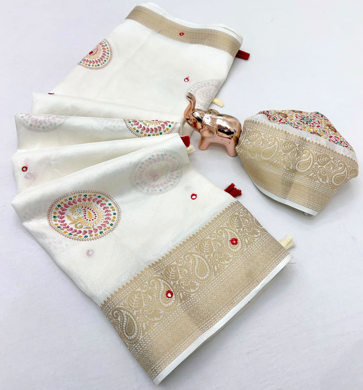 Forbearance Party Wear Soft Silk Zari Border n Mirror Work Designer Saree With Blouse Piece