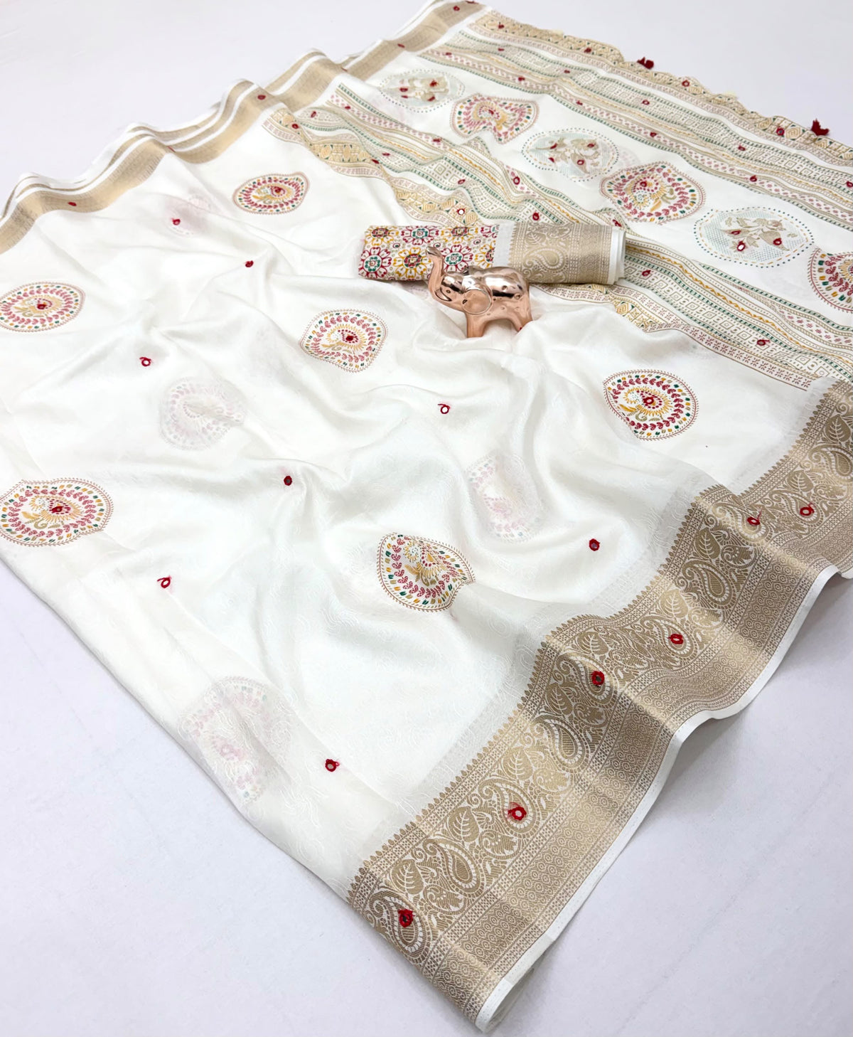 Forbearance Party Wear Soft Silk Zari Border n Mirror Work Designer Saree With Blouse Piece