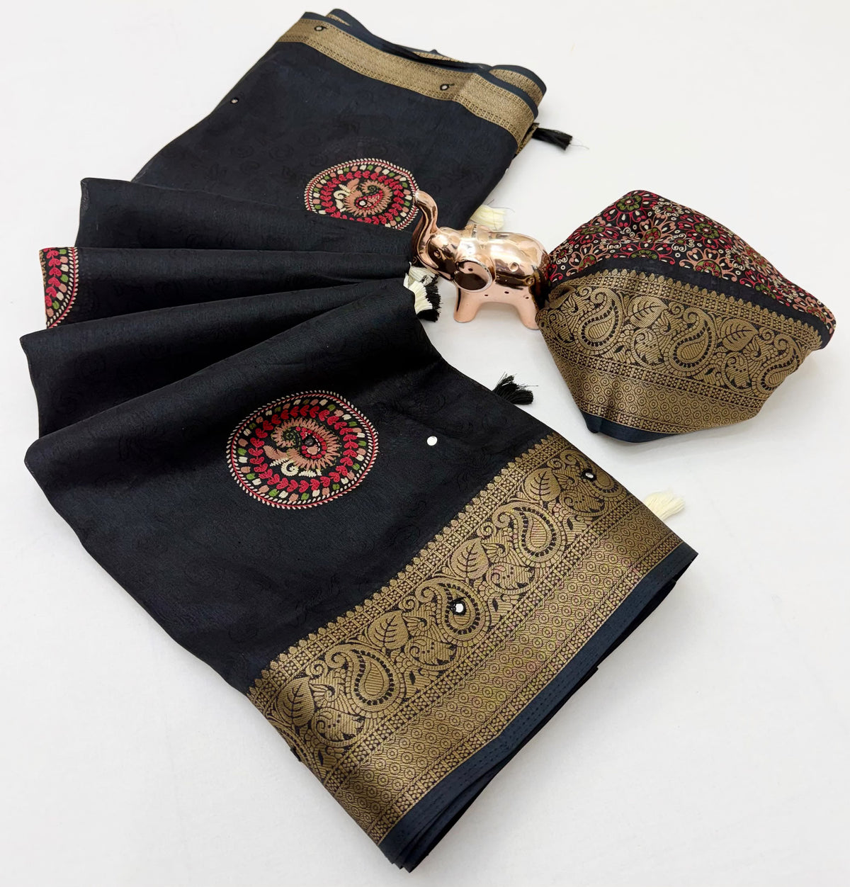 Forbearance Party Wear Soft Silk Zari Border n Mirror Work Designer Saree With Blouse Piece
