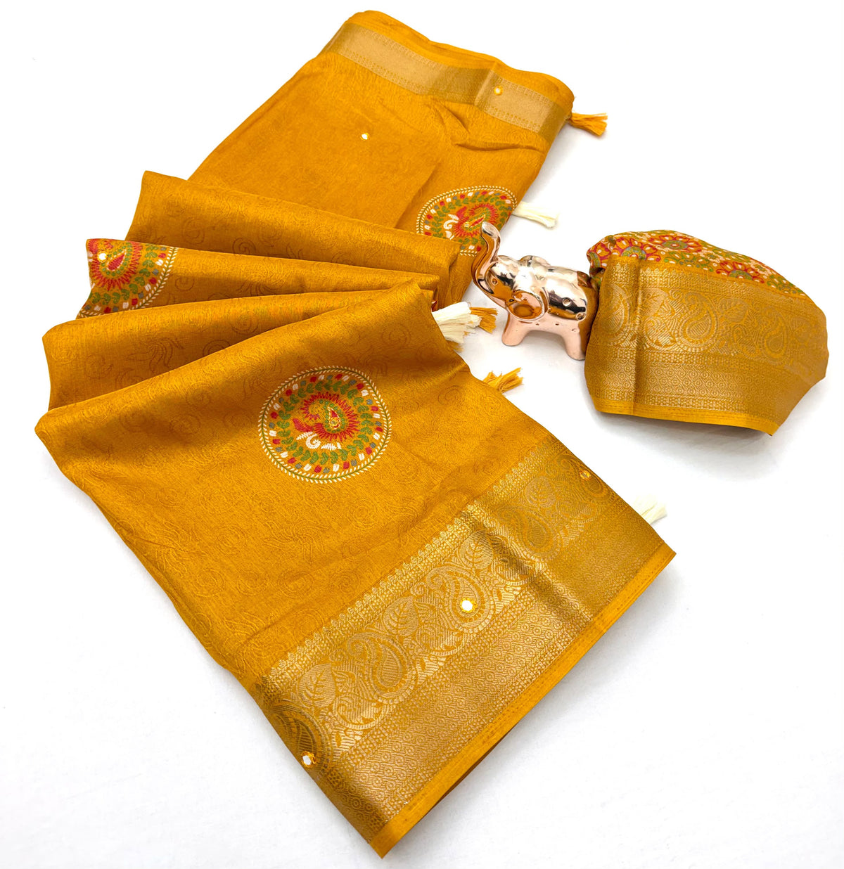 Forbearance Party Wear Soft Silk Zari Border n Mirror Work Designer Saree With Blouse Piece