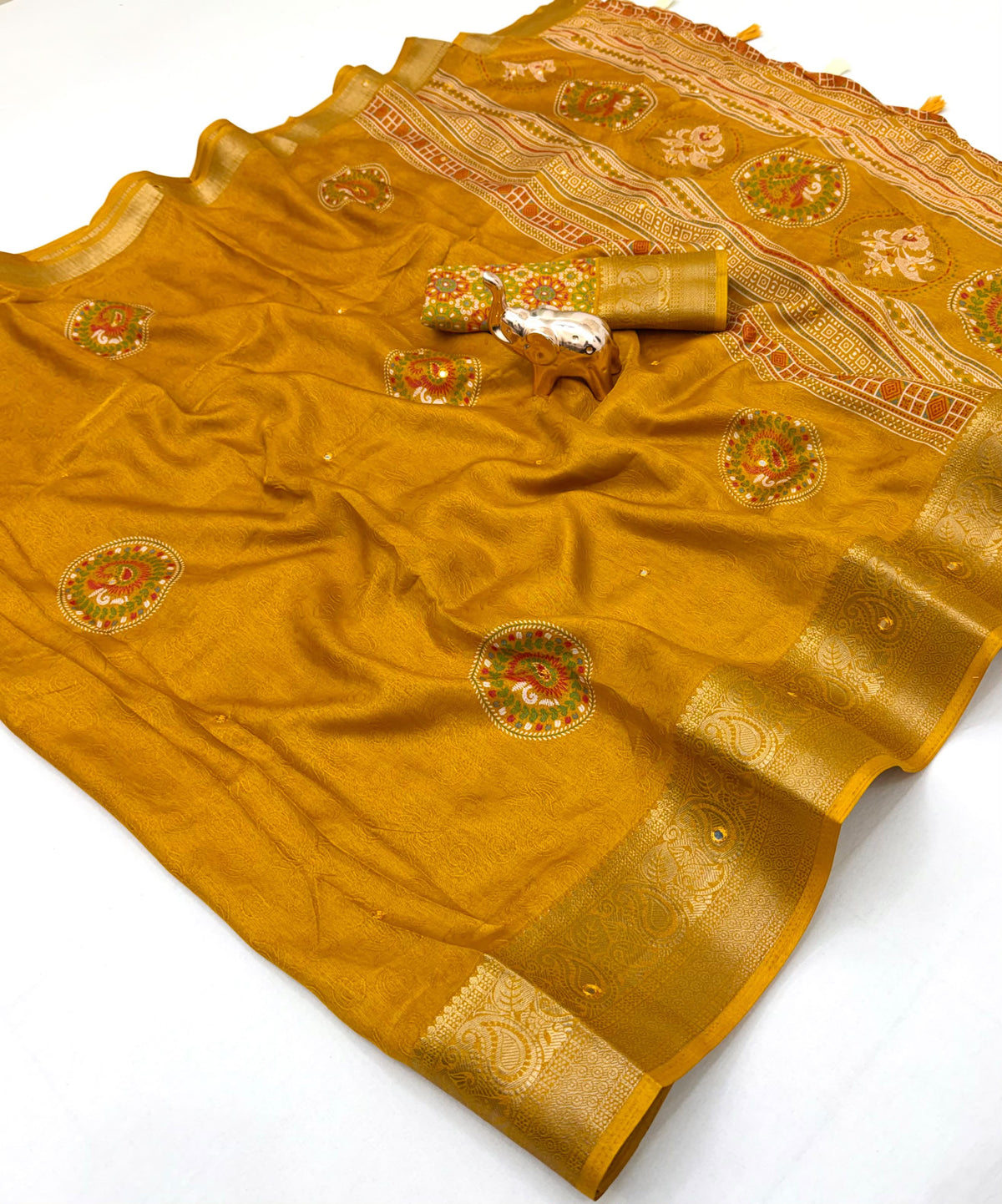 Forbearance Party Wear Soft Silk Zari Border n Mirror Work Designer Saree With Blouse Piece
