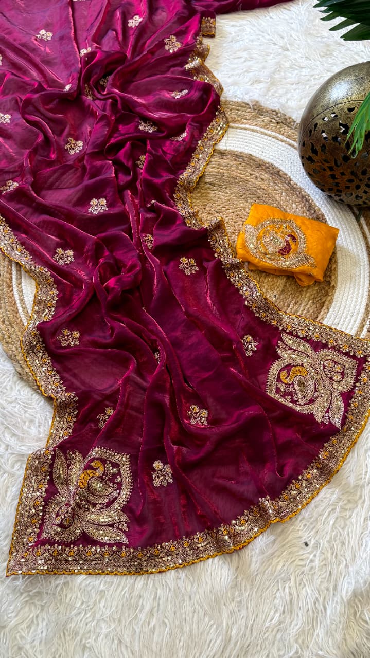 Attractive Wedding Wear Silk Embroidery Sequence n Thread Work Fancy Saree With Contrast Blouse Piece