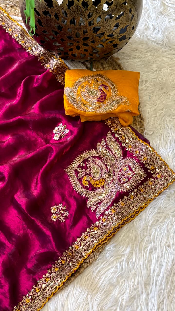 Attractive Wedding Wear Silk Embroidery Sequence n Thread Work Fancy Saree With Contrast Blouse Piece