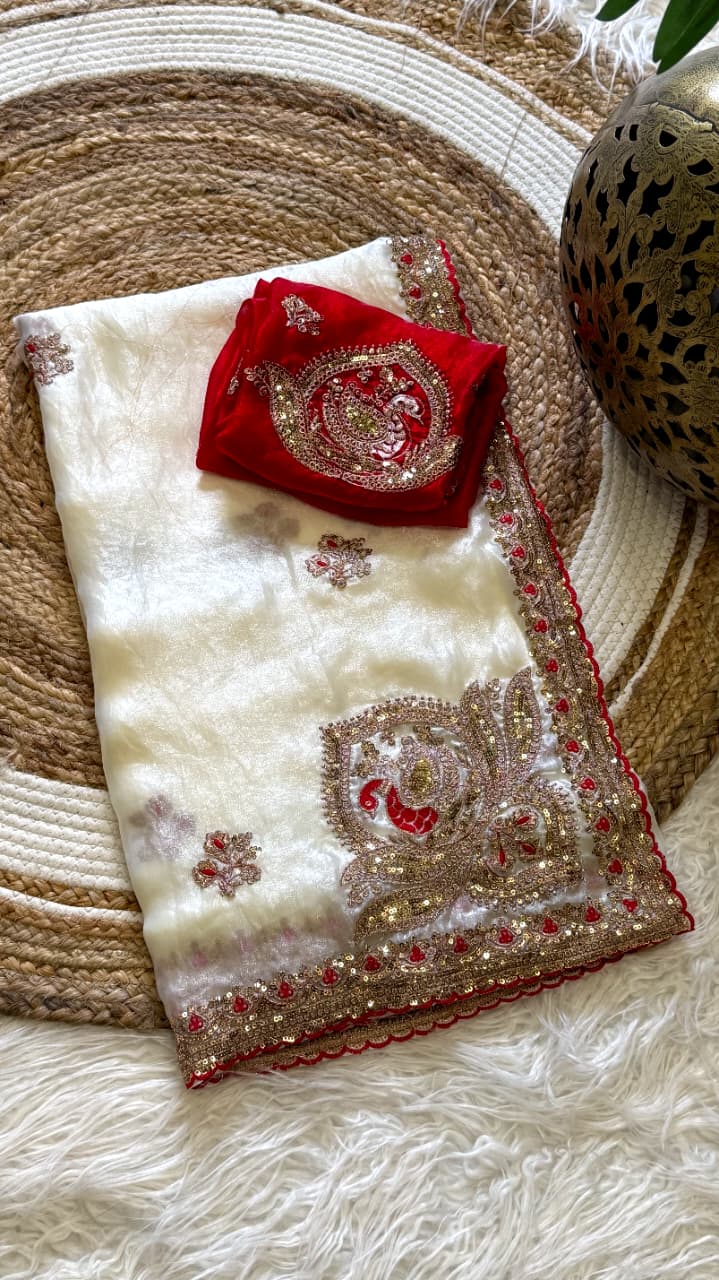 Attractive Wedding Wear Silk Embroidery Sequence n Thread Work Fancy Saree With Contrast Blouse Piece