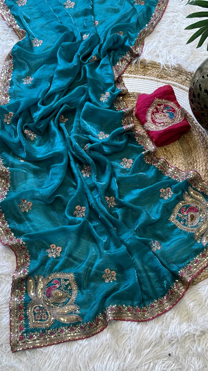 Attractive Wedding Wear Silk Embroidery Sequence n Thread Work Fancy Saree With Contrast Blouse Piece
