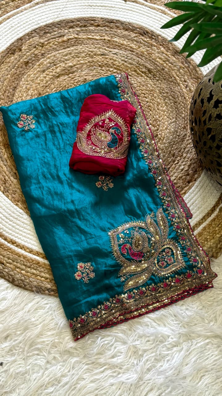 Attractive Wedding Wear Silk Embroidery Sequence n Thread Work Fancy Saree With Contrast Blouse Piece