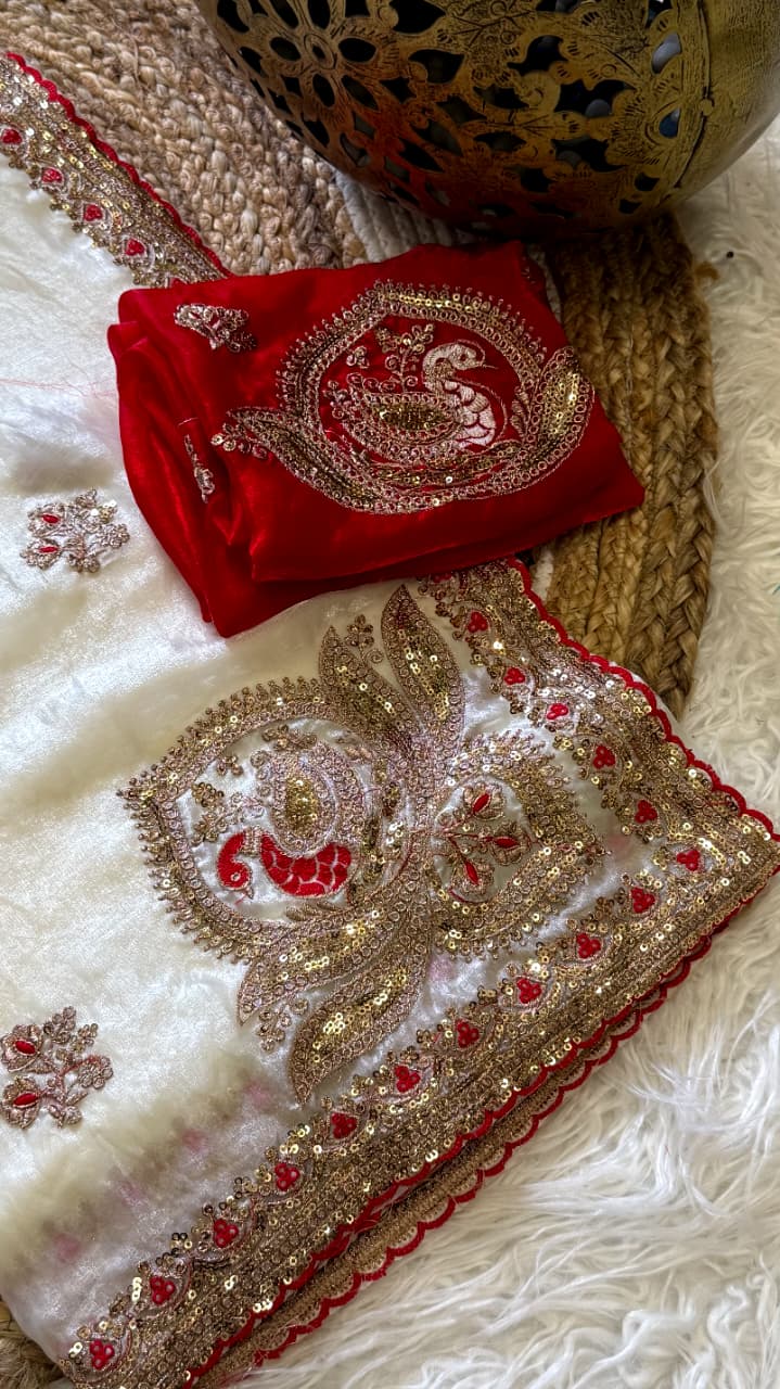 Attractive Wedding Wear Silk Embroidery Sequence n Thread Work Fancy Saree With Contrast Blouse Piece