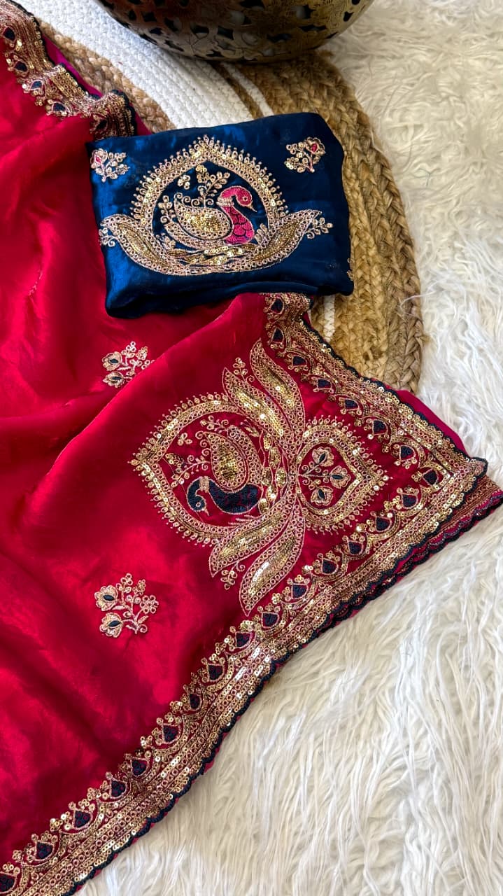 Attractive Wedding Wear Silk Embroidery Sequence n Thread Work Fancy Saree With Contrast Blouse Piece