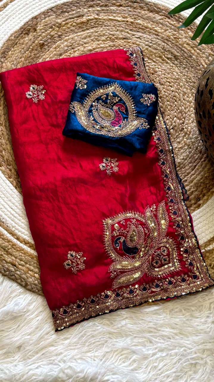 Attractive Wedding Wear Silk Embroidery Sequence n Thread Work Fancy Saree With Contrast Blouse Piece