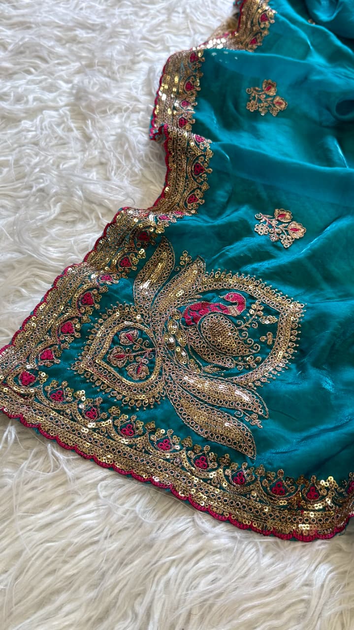 Attractive Wedding Wear Silk Embroidery Sequence n Thread Work Fancy Saree With Contrast Blouse Piece