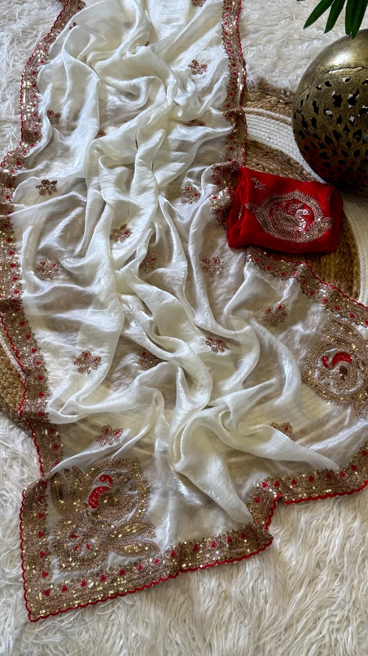 Attractive Wedding Wear Silk Embroidery Sequence n Thread Work Fancy Saree With Contrast Blouse Piece