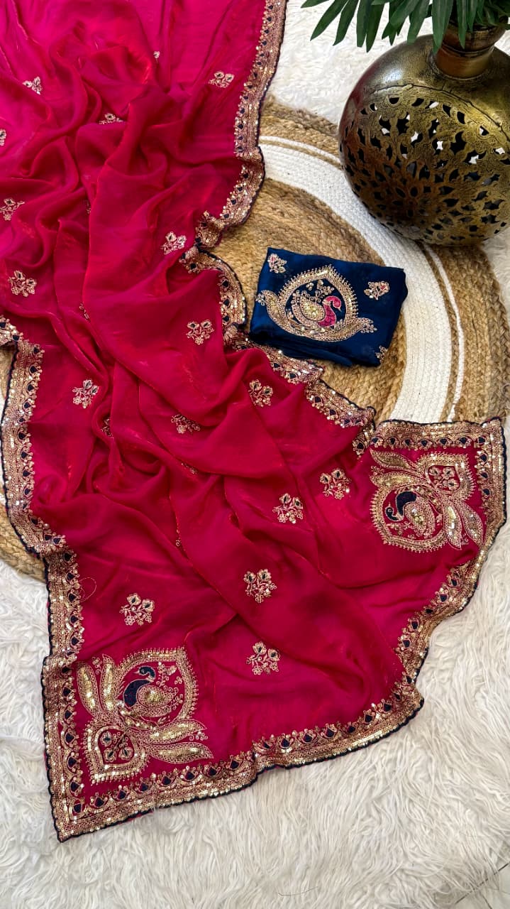 Attractive Wedding Wear Silk Embroidery Sequence n Thread Work Fancy Saree With Contrast Blouse Piece