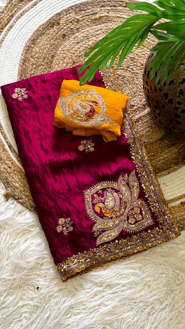 Attractive Wedding Wear Silk Embroidery Sequence n Thread Work Fancy Saree With Contrast Blouse Piece