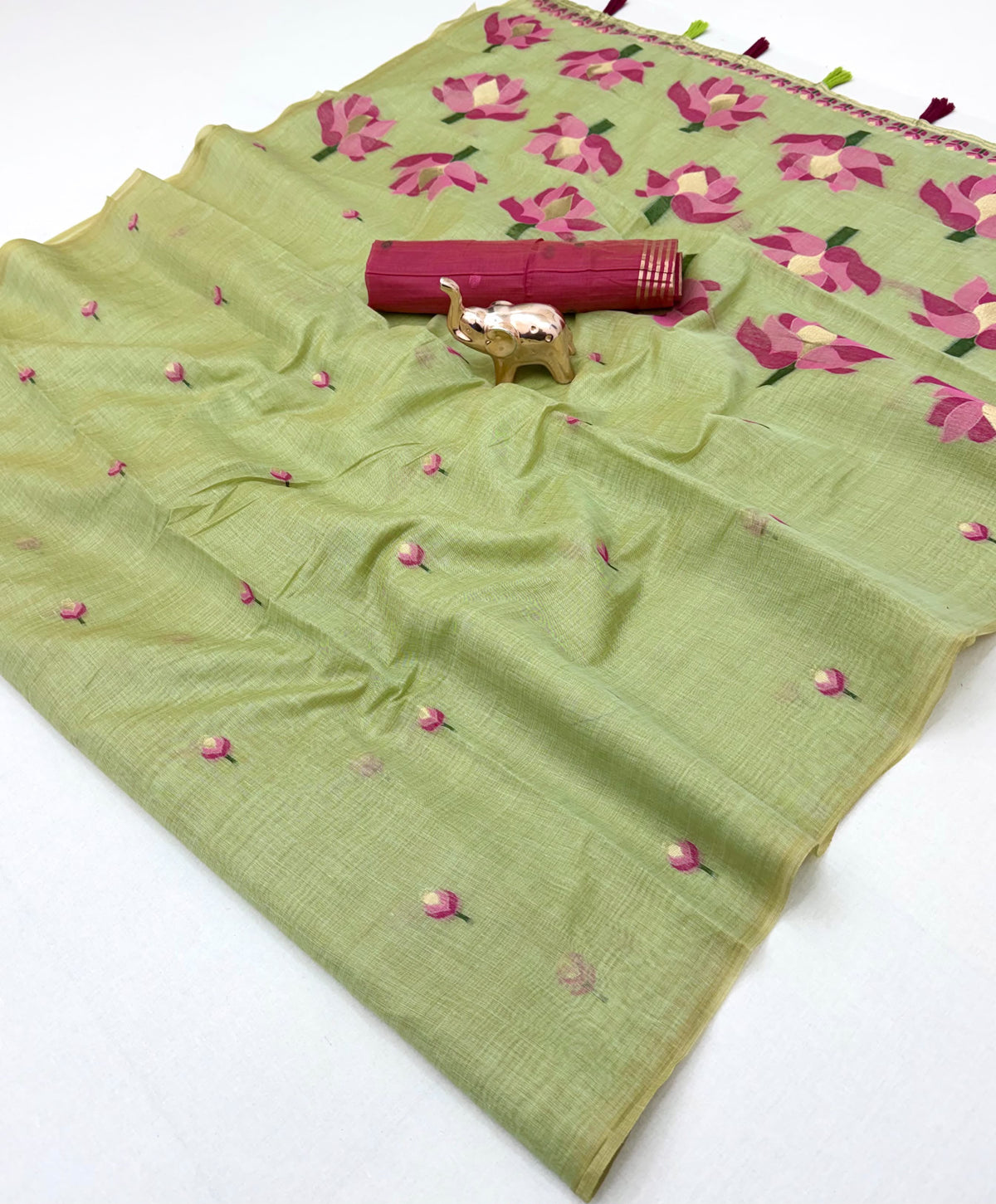Divine Festive Wear Cotton Silk Print Design n Tussels Work Fancy Saree With Blouse Piece