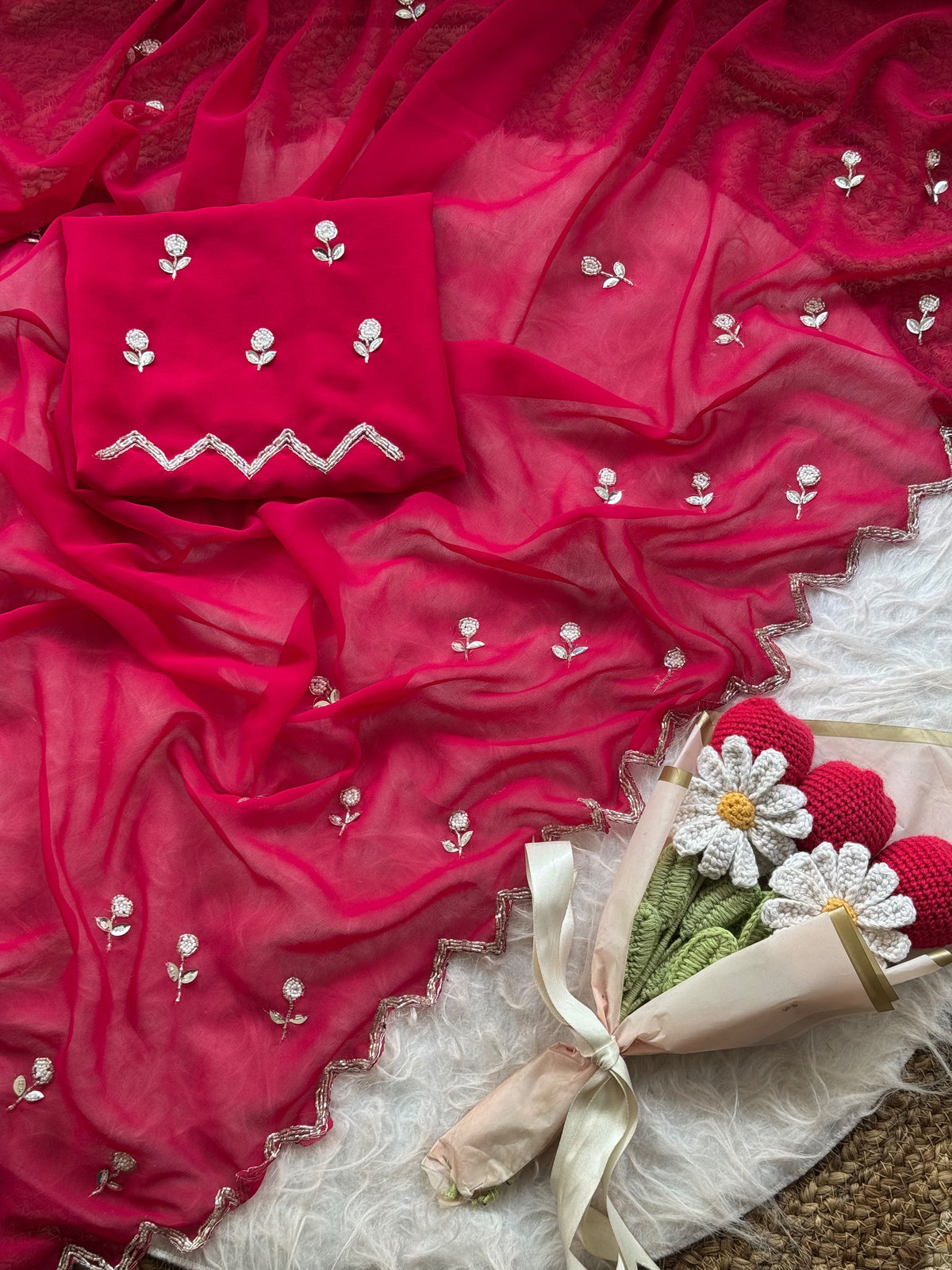 Opulent Party Wear Georgette Embroidery n Handwork Designer Saree With Matching Blouse Piece