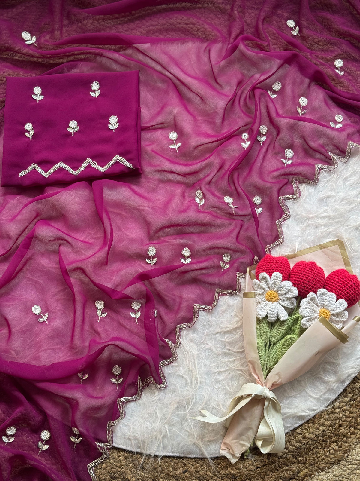 Opulent Party Wear Georgette Embroidery n Handwork Designer Saree With Matching Blouse Piece