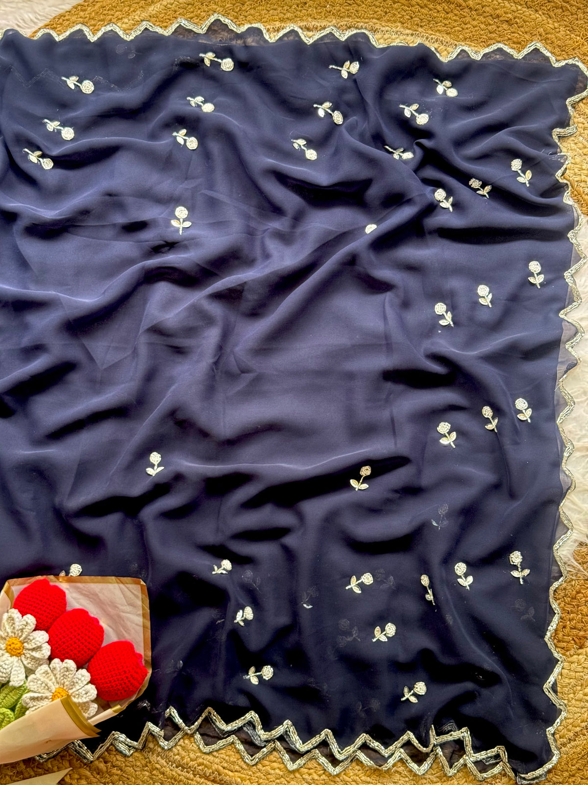Opulent Party Wear Georgette Embroidery n Handwork Designer Saree With Matching Blouse Piece