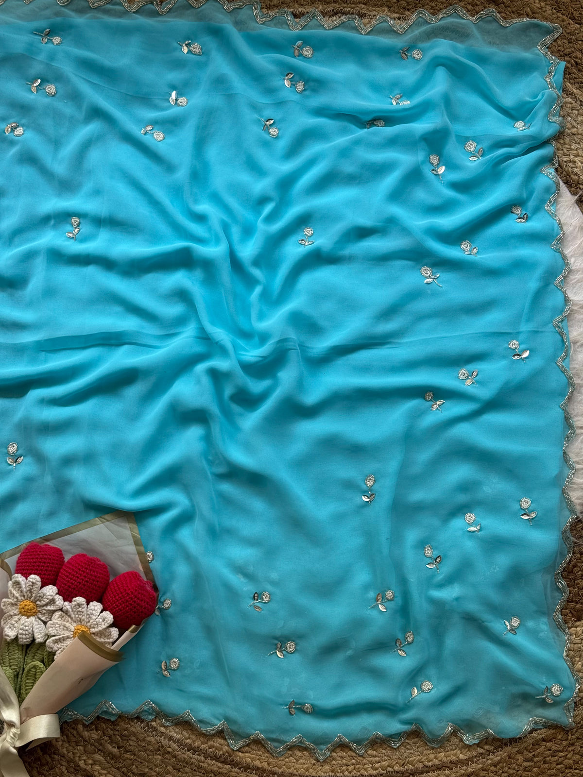 Opulent Party Wear Georgette Embroidery n Handwork Designer Saree With Matching Blouse Piece