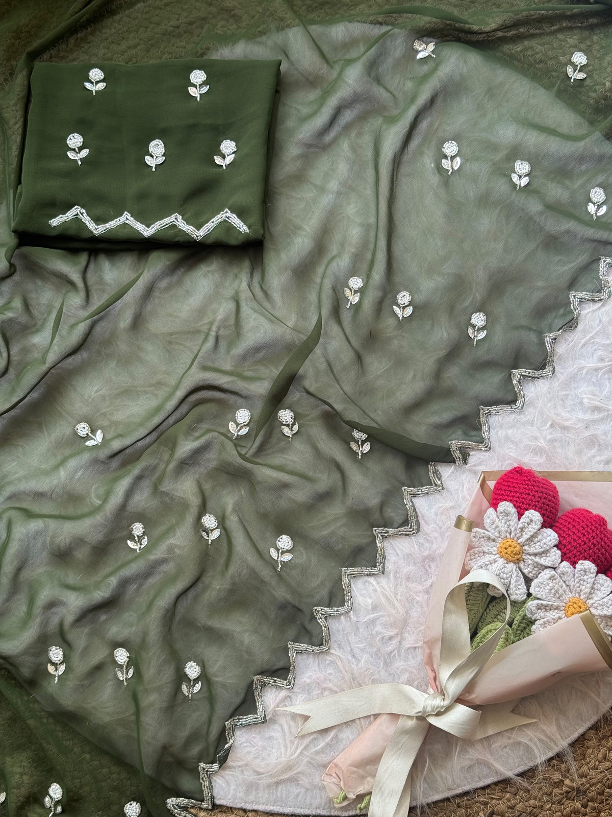 Opulent Party Wear Georgette Embroidery n Handwork Designer Saree With Matching Blouse Piece