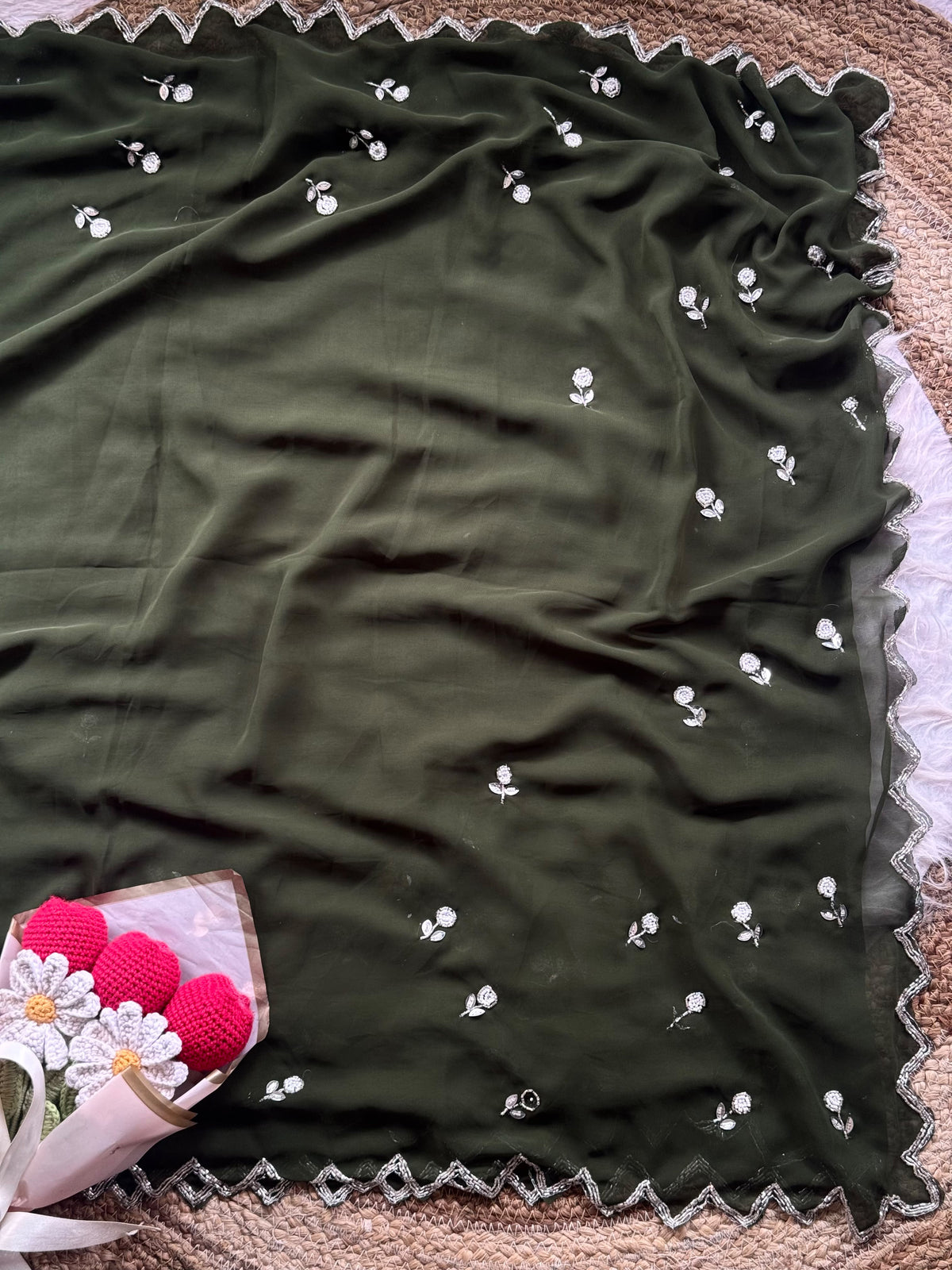 Opulent Party Wear Georgette Embroidery n Handwork Designer Saree With Matching Blouse Piece