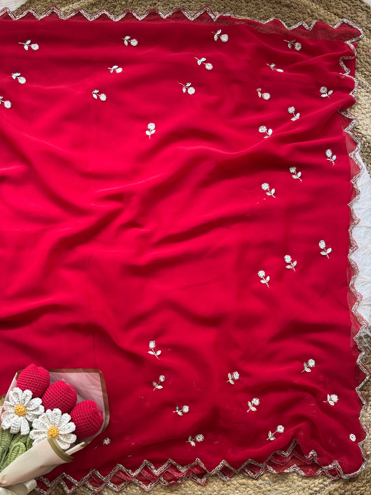 Opulent Party Wear Georgette Embroidery n Handwork Designer Saree With Matching Blouse Piece