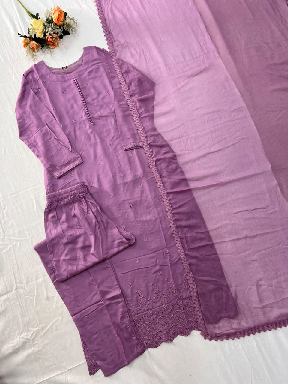 Heritage Function Wear Cotton Embroidery Work Fancy  Straight Kurta With Trouser n Dupatta Set