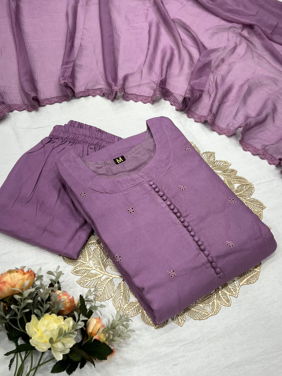Heritage Function Wear Cotton Embroidery Work Fancy  Straight Kurta With Trouser n Dupatta Set