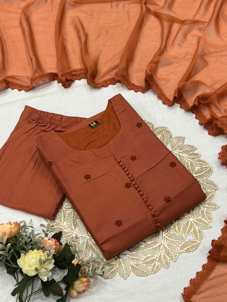 Heritage Function Wear Cotton Embroidery Work Fancy  Straight Kurta With Trouser n Dupatta Set