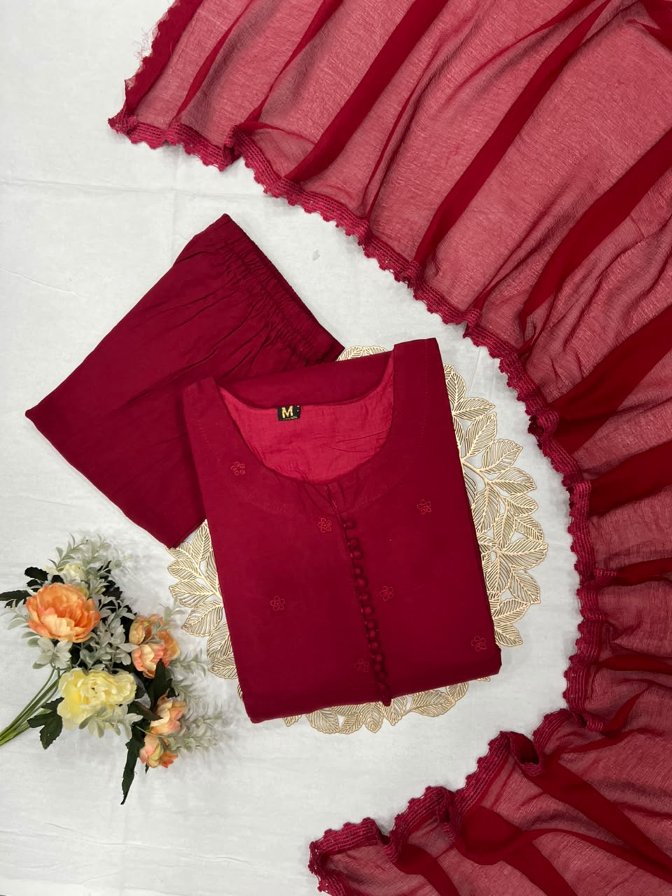 Heritage Function Wear Cotton Embroidery Work Fancy  Straight Kurta With Trouser n Dupatta Set