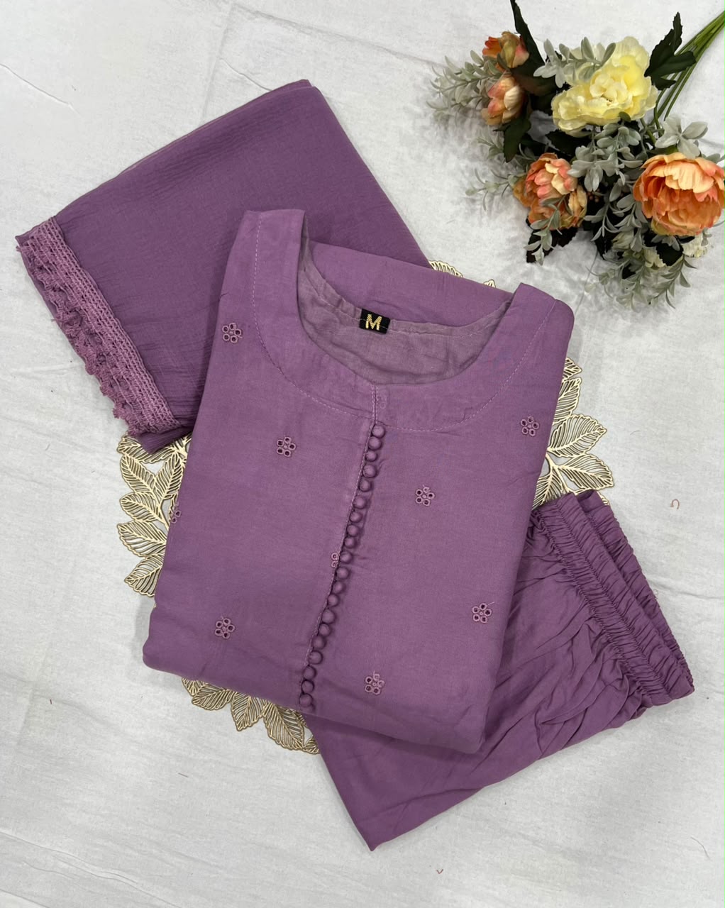 Heritage Function Wear Cotton Embroidery Work Fancy  Straight Kurta With Trouser n Dupatta Set