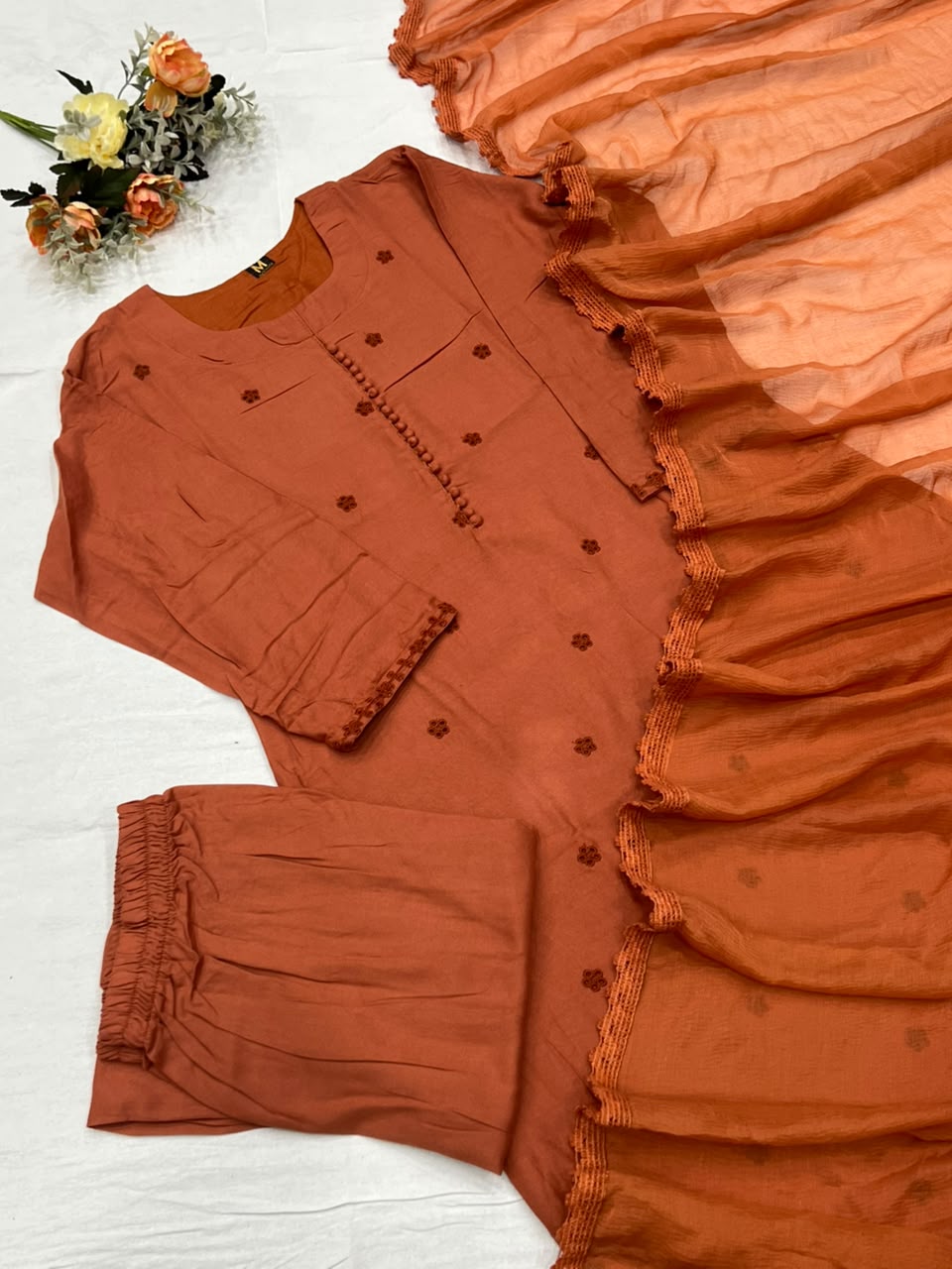 Heritage Function Wear Cotton Embroidery Work Fancy  Straight Kurta With Trouser n Dupatta Set