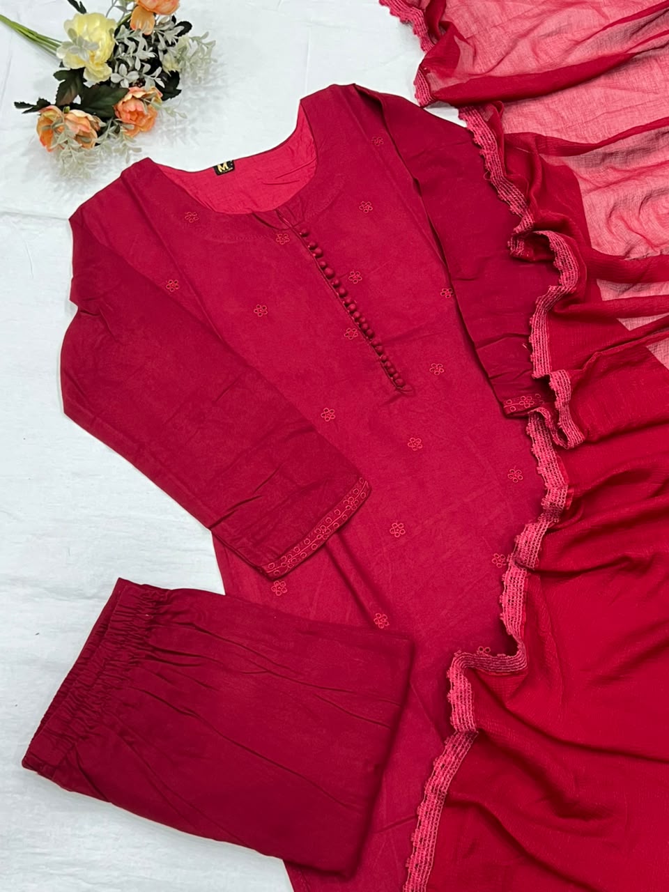 Heritage Function Wear Cotton Embroidery Work Fancy  Straight Kurta With Trouser n Dupatta Set