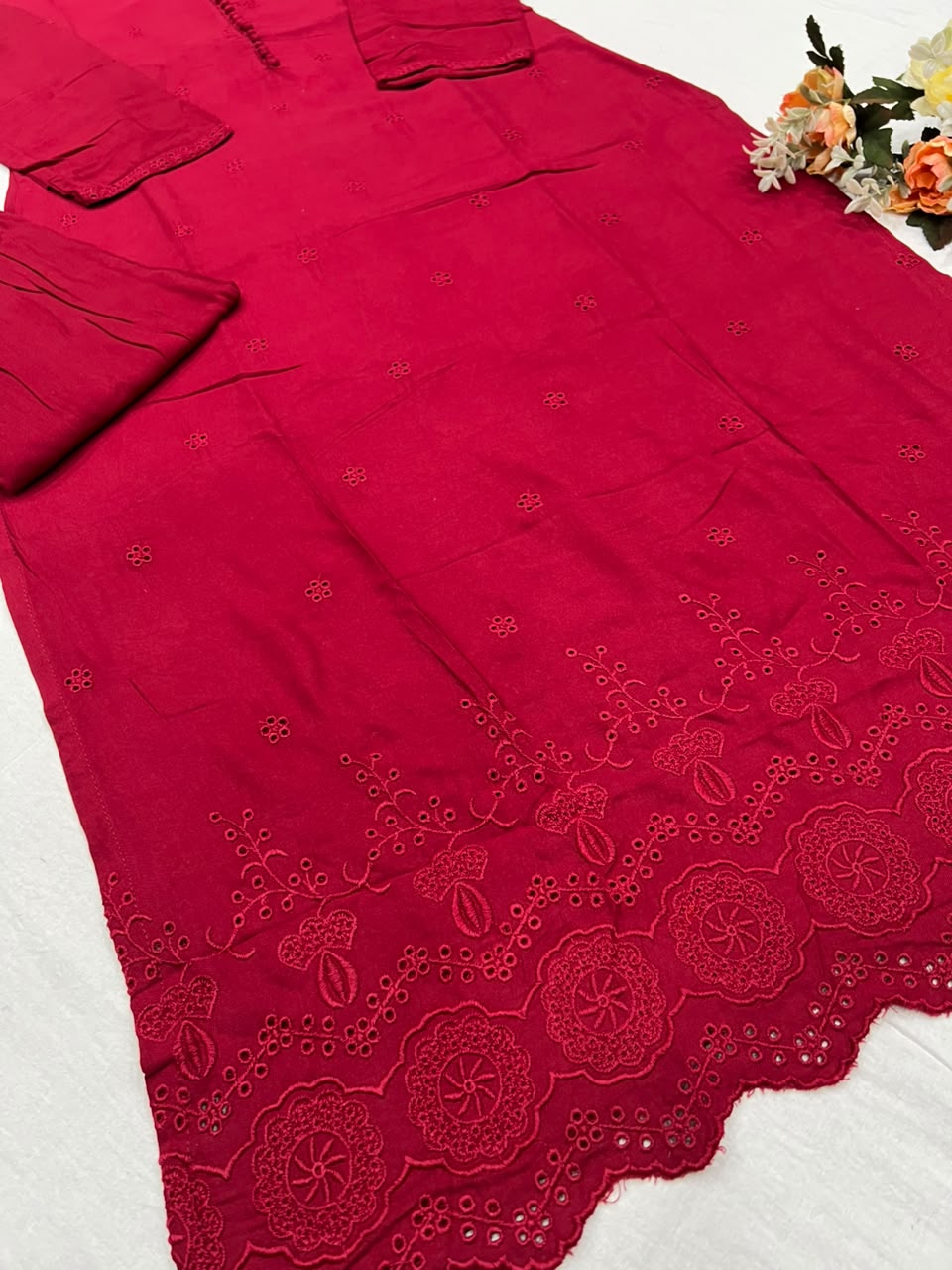 Heritage Function Wear Cotton Embroidery Work Fancy  Straight Kurta With Trouser n Dupatta Set