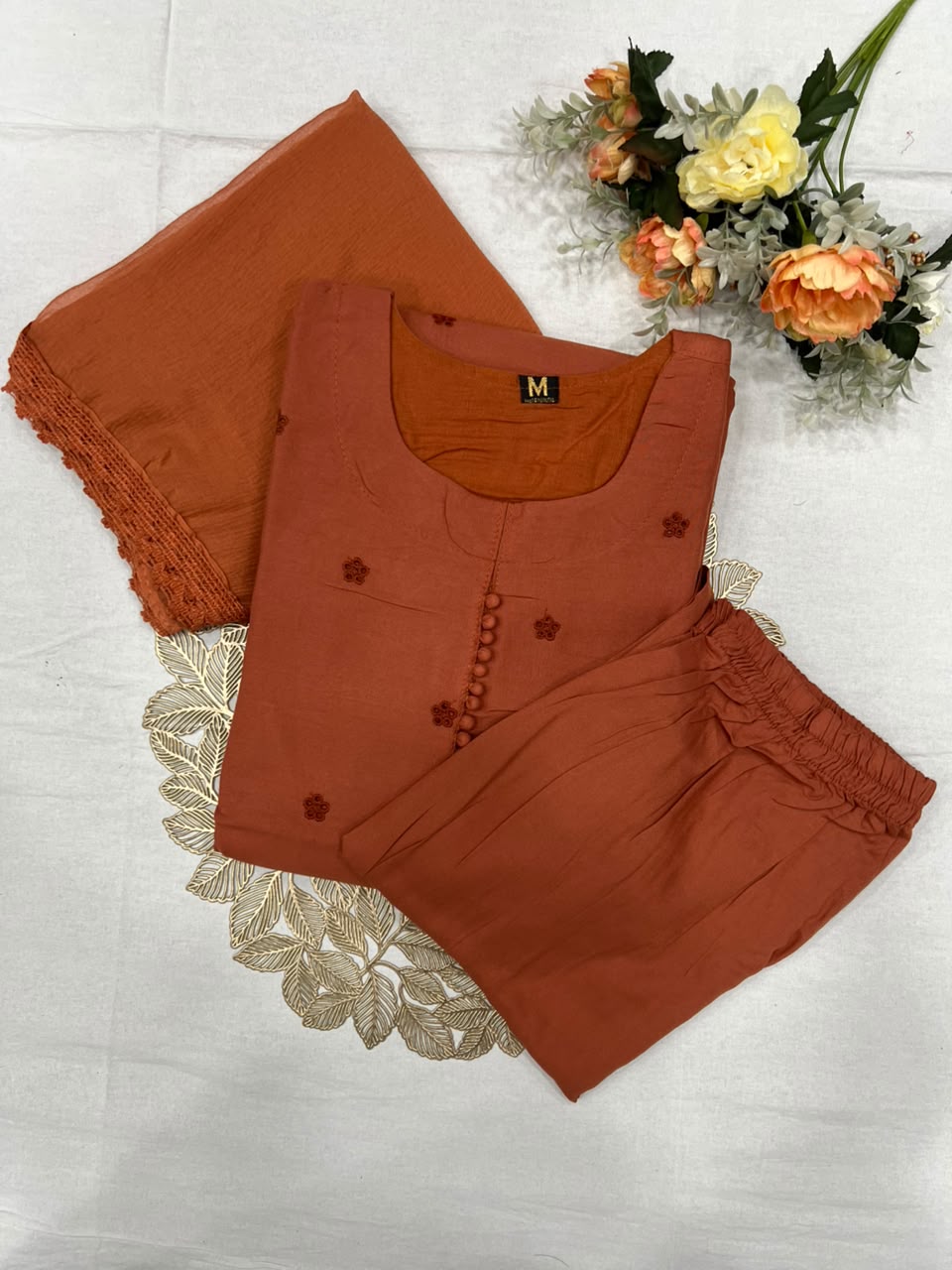 Heritage Function Wear Cotton Embroidery Work Fancy  Straight Kurta With Trouser n Dupatta Set