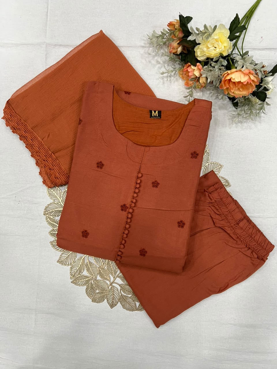 Heritage Function Wear Cotton Embroidery Work Fancy  Straight Kurta With Trouser n Dupatta Set