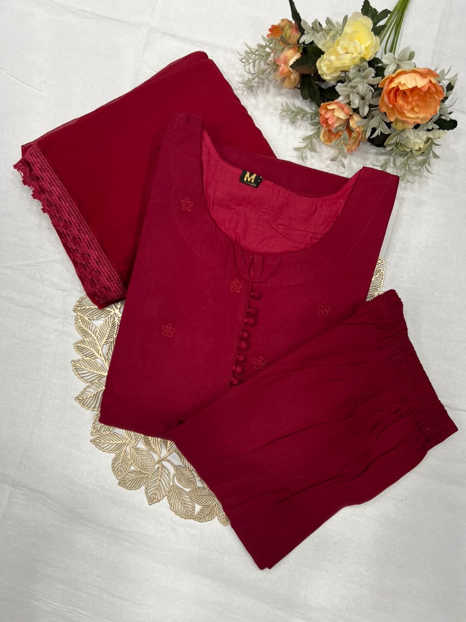 Heritage Function Wear Cotton Embroidery Work Fancy  Straight Kurta With Trouser n Dupatta Set