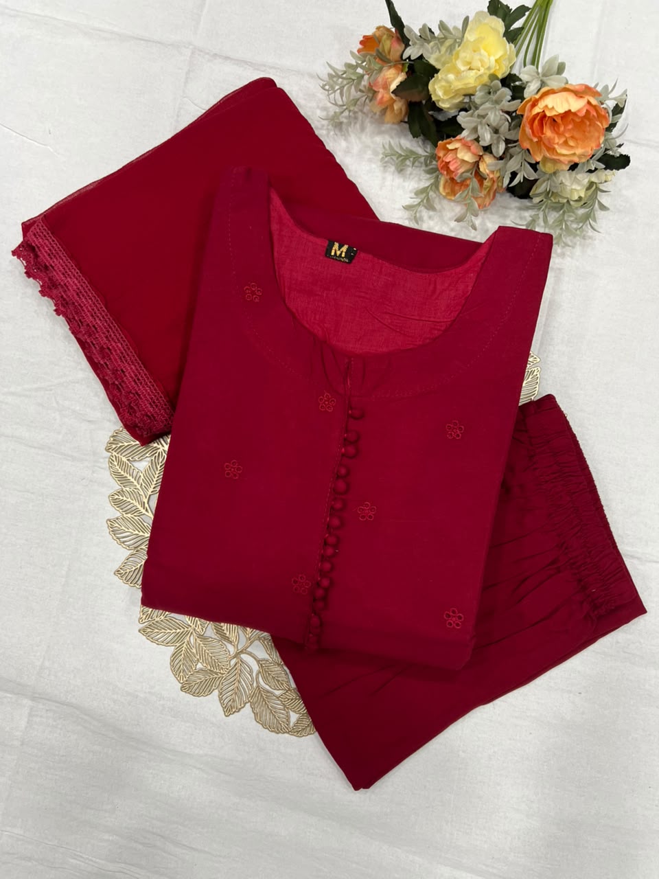 Heritage Function Wear Cotton Embroidery Work Fancy  Straight Kurta With Trouser n Dupatta Set