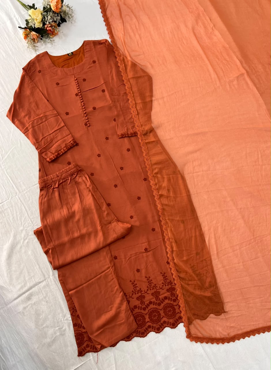 Heritage Function Wear Cotton Embroidery Work Fancy  Straight Kurta With Trouser n Dupatta Set