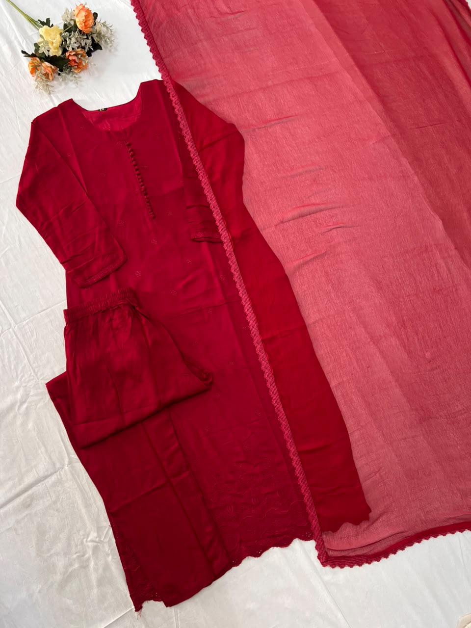 Heritage Function Wear Cotton Embroidery Work Fancy  Straight Kurta With Trouser n Dupatta Set