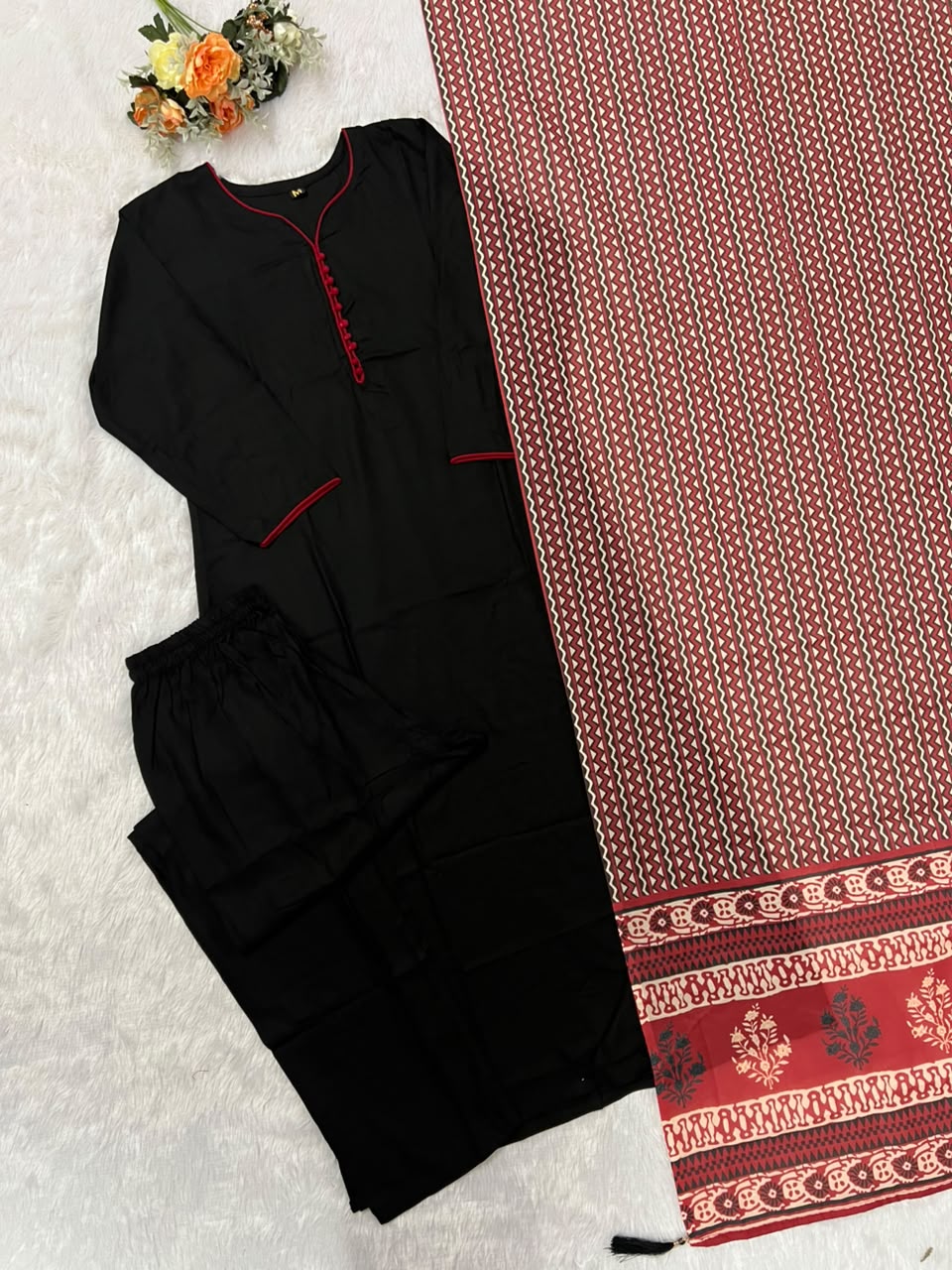 Regal Party Wear Cotton Embroidery Work Fancy  Straight Kurta With Trouser n Dupatta Set
