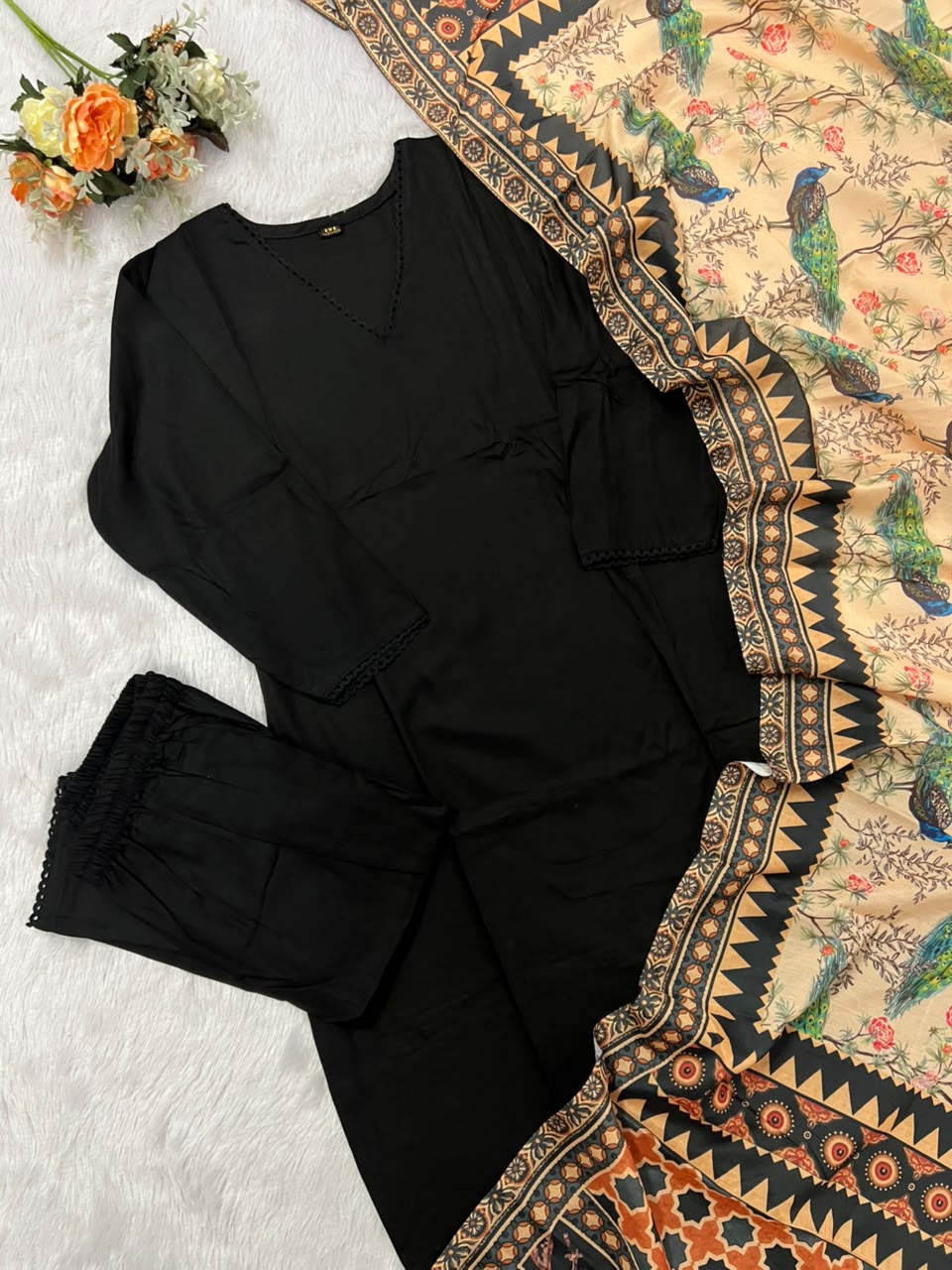 Regal Party Wear Cotton Embroidery Work Fancy  Straight Kurta With Trouser n Dupatta Set